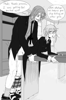 bent_over bent_over_table blush blush_lines bratty_submissive classroom dialogue father_and_daughter father_penetrating_daughter female incest kiahl lobsterkiahl maka_albarn male older_male older_male_and_younger_female older_penetrating_younger pants_down size_difference soul_eater spirit_albarn twintails twintails_(hairstyle) younger_female