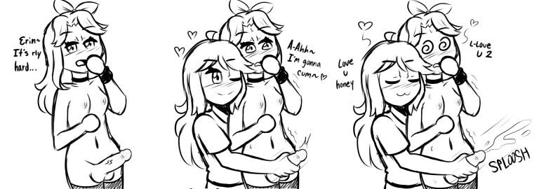 2d 2girls abigail_(stardew_valley) closed_eyes cum cumshot ejaculation erection erin_(ikeychain) female futanari heart hearts ikeychain intersex long_hair love masturbating_other masturbation monochrome one_eye_closed orgasm original original_character penis ribbon sketch spiral_eyes standing stardew_valley stuttering tagme thighhighs trans_woman transfem