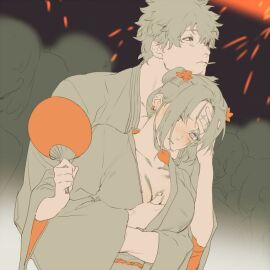 1boy 1girls arm_under_breasts big_breasts blush breast_grab breasts cleavage embarrassed facial_scar female festival fireworks gintama gintoki_sakata grabbing_from_behind groping groping_breasts groping_from_behind hair_ornament hand_fan japanese_clothes kanzashi kimono male nihongami no_bra outdoors public rei_17 restricted_palette scar tied_hair tsukuyo uchiwa updo