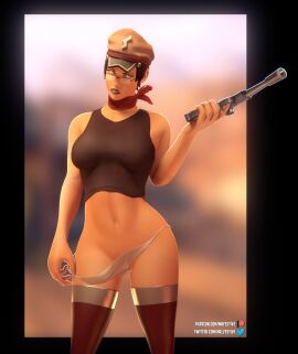 1girls 3d big_breasts black_lipstick cap femscout femscout_(alt_design) glasses gun large_breasts military_hat mrfestive nude nude_female panties panties_down pistol pussy scarf sfm short_hair source_filmmaker tagme tank_top team_fortress_2 vagina valve