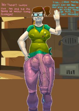 1futa balls balls_awe beth_(tdi) big_balls big_breasts big_penis big_testicles braces breasts bulge bulge_through_clothing clothed clothing cum_through_clothes dialogue english_text erection_under_clothes fully_clothed futa_only futanari glasses huge_balls huge_cock huge_testicles huge_veins human intersex libi_dos light-skinned_futa light_skin nerd penis precum precum_through_clothes presenting solo standing testicles text total_drama_island ugly_face uncensored