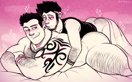 ass bara big_ass bigger_penetrated blush bubble_ass bubble_butt couple couple_(romantic) gay hairy_male licking_neck male michopanq muscular muscular_male older_sub_younger_dom on_bed on_top_of_another original_characters skinny_male small_dom_big_sub small_top_big_bottom smaller_penetrating smaller_penetrating_bigger tattooed_arm tongue tongue_out twink_top twink_topping_daddy twink_topping_jock yaoi younger_dom_older_sub