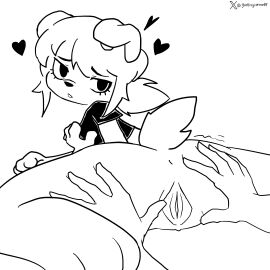 anthro ass bearsockz_(character) black_clothing black_shirt black_topwear breasts canid canine canis clothing dog_ears domestic_dog female genitals godforgiveme4 heart_symbol hi_res looking_back looking_pleasured lying mammal nude on_front pussy rear_view shirt simple_background solo spread_pussy spreading topwear touching_breast