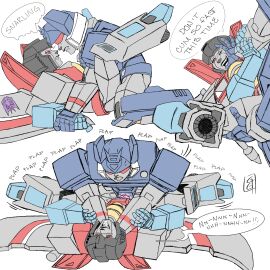 1boy 1cuntboy choking_during_sex choking_while_penetrating coworkers cuntboy decepticon dialogue duo duo_focus eyes_rolling_back humanoid intersex male nuefass penis pinning_arms pinning_down pinning_head playful playful_sex playful_smile pussy robot roughhousing simple_coloring simple_shading snarling soundwave starscream thrusting transformers transformers_g1 vaginal_penetration