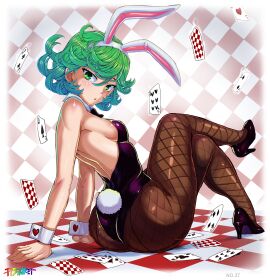 1girls alternate_version_available armwear ass big_ass black_bunnysuit bottom_heavy breasts bunny_ears bunny_tail bunnysuit cards color colored crossed_legs fake_animal_ears fake_tail female female_only fishnet fishnet_legwear fishnets footwear green_eyes green_hair hair heels high_heels high_resolution highres leggings legs_crossed legwear looking_back mogudan neckwear one-punch_man short_hair small_breasts solo solo_female tail tatsumaki tisinrei