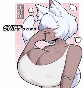 1girls 2024 2d 2d_(artwork) animal_ears animal_humanoid artist_logo big_breasts breasts cat_ears cat_girl cat_tail clothing dark-skinned_female dark_skin female female_only huge_breasts humanoid igxxiii onomatopoeia original original_character sniffing_fingers sniffing_self solo solo_female stinky_cat_(igxxiii) stitches tail topwear white_hair