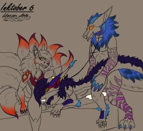 anthro blep canid canine claws collar digital_media_(artwork) dragon eastern_dragon esaeon fellatio fox fox_spirit group horn hunam hunamarts kinktober_2024 leash male male/male mammal markings monster mythological_creature mythological_scalie mythology nine_tail_fox oral penile penis piercing scalie sex tongue tongue_out trio true_fox wickerbeast