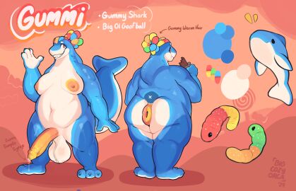 absurd_res anthro anus areola ass balls big_ass big_butt bigcozyorca biped bodily_fluids candy candy_hair chocolate chocolate_bar cum cum_drip dessert dripping eating eating_food fin fish food food_creature genital_fluids genitals gummi_(ticonderogatenfold) gummy_(food) gummy_creature gummy_shark hair hi_res living_candy male male_only marine model_sheet moobs nipples nude overweight overweight_anthro overweight_male penis puffy_anus shark sharp_teeth simple_background solo teeth