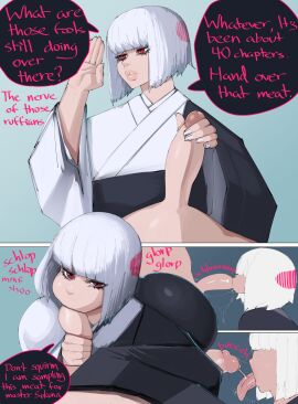 ambiguous_gender arched_back ass ass_bigger_than_head ass_up axred7 bangs blowjob cock deepthroat dick dominant_submissive english_text erect_penis eyelashes fat_ass fat_butt fellatio gripping_cock huge_cock jujutsu_kaisen larger_male male onomatopoeia oral oral_sex penis petite plump_lips precum red_eyes sub_dominating_sub tagme text tsundere uraume