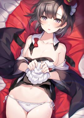 apron bangs bare_belly bare_legs bare_shoulders bare_thighs bed bed_sheet belly_button black_hair blush breasts cleavage collarbone convenient_censoring embarrassed female hair_ornament lying medium_breasts no_bra nobunaga_tensei official_art open_mouth panties partially_undressed purple_eyes removed_clothing ringozaka_mariko short_hair side-tie_panties string_panties suzu_(nobunaga_tensei) sweat sweaty_body thighs underwear white_panties