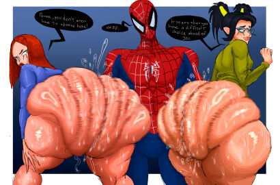 1boy 2girls adych ass ass_bigger_than_head ass_bigger_than_torso ass_clapping bent_over big_ass black_hair bottom_heavy bottomless bubble_butt clapping_cheeks clothing dialogue fat_ass female glasses huge_ass hyper hyper_ass indira_daimonji large_ass long_sleeves looking_at_ass male marvel marvel_comics mary_jane_watson mary_jane_watson_(the_new_animated_series) massive_ass motion_blur motion_lines peter_parker red_hair rippling_ass shirt showing_off showing_off_ass spider-man spider-man:_the_new_animated_series spider-man_(series) sweat sweatdrop sweaty_ass sweaty_body take_your_pick text thick_ass thick_thighs thunder_thighs twerking unseen_male_face watching wide_hips