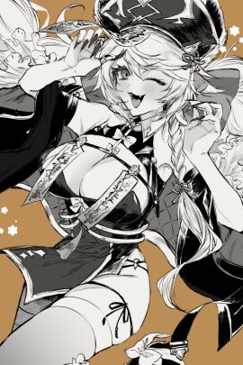 breasts cleavage female granblue_fantasy greyscale jiangshi_costume monochrome nail_polish rakko-chan_genkou-chuu satyr_(granblue_fantasy) satyr_(halloween)_(granblue_fantasy)
