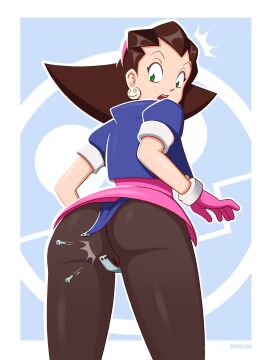 1girls artist_name ass big_ass brown_hair cameltoe capcom constricted_pupils female highres jacket looking_back looking_down medium_hair mega_man mega_man_legends open_clothes open_jacket open_mouth pantyhose pussy sinfulline solo surprised tron_bonne wardrobe_malfunction wide-eyed