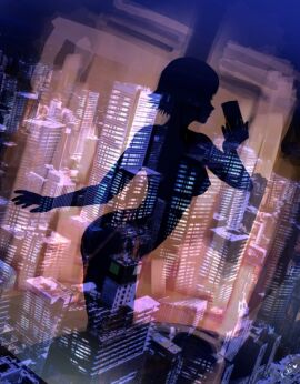 1girls casual city cityscape electronics exhibitionism exhibitionist female human kukimoonie makoto_niijima naked naked_female persona persona_5 phone silhouette tagme