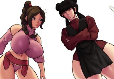 2girls avatar_the_last_airbender breast_size_difference breasts brown_hair cameltoe closed_mouth cropped cropped_image edit edited female female_focus female_only fire_nation jay-marvel mai_(avatar) multiple_females multiple_girls old_art simple_background swept_bangs tagme ty_lee