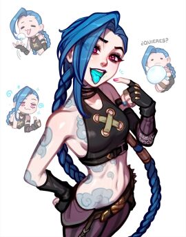 arcane arcane_jinx blue_hair blushypixy blushyspicy breasts clothed female glowing_mouth human jinx_(league_of_legends) league_of_legends light-skinned_female light_skin looking_at_viewer magenta_eyes open_mouth pink_eyes riot_games small_breasts standing tattoo tattoos three-quarter_portrait twintails
