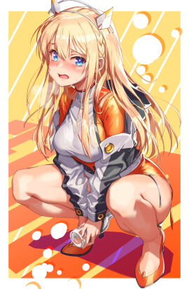 1girls absurdres between_legs blonde_hair blue_eyes blush bodysuit bottle braid breasts container_urination embarrassed female goddess_of_victory:_nikke hair_between_eyes hand_between_legs have_to_pee headgear high_heels highres holding holding_bottle jacket large_breasts long_hair long_sleeves looking_at_viewer michairu multicolored_jacket off_shoulder open_clothes open_jacket open_mouth orange_bodysuit orange_shoes own_hands_together peeing peeing_in_bottle peeing_into_bottle peeing_into_container shoes sidelocks skin_tight solo squatting sweat tears tove_(nikke) two-tone_jacket urinating urinating_female urination urine v_arms