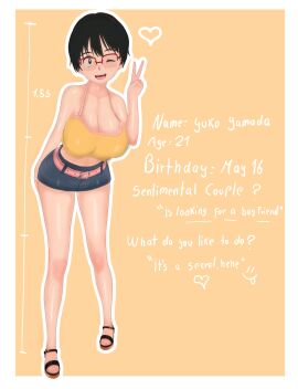 1girls 3d :d black_eyes black_hair blush breasts camisole character_profile character_sheet cleavage dialogue english_text female footwear full_body glasses heart hi_res high_resolution highres looking_at_viewer open-mouth_smile open_mouth original peace_sign sandals shorts smile text v vyrus_smith wink yuko_yamada_(vyrus_smith)