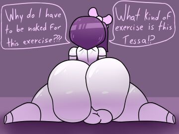 1boy 1femboy angry ass ass_focus back_view baws_(artist) behind_view big_ass big_butt bow confused cute exercise exercising femboy huge_ass kiki_(bawsnsfw) male mannequin naked oc original original_character original_characters pink purple_hair solo solo_focus thick thick_ass thick_thighs white_skin white_skinned_male