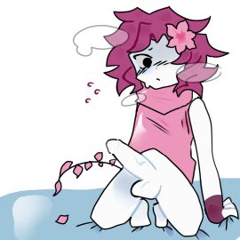 1boy balls berrysoda blossom_two_time blush bottomless dick_out feet flower flower_in_hair forsaken_(roblox) gloves half-dressed looking_down male male_only on_bed penis pink_clothing pink_hair request roblox roblox_game robloxian self_upload short_hair squatting tagme thighs two_time_(forsaken) two_time_(forsaken)_(penis) white_skin