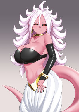 1girls android_21 android_21_(evil) black_nails black_sclera black_tube_top bracelet breasts choker cleavage colored_sclera colored_skin dark_persona dragon_ball dragon_ball_fighterz earrings female female_majin gold_bracelet gold_bracelets gold_choker gold_jewelry harem_pants hi_rontea hoop_earring hoop_earrings jewelry large_breasts looking_at_viewer majin_android_21 nail_polish pants pink_skin pointy_ears red_eyes smile smirk solo strapless tail tube_top white_hair white_pants yellow_choker
