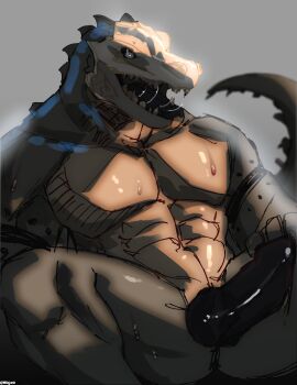 2025 abs animal_genitalia anthro black_penis bodily_fluids crocodile crocodilian digital_media_(artwork) erection genital_slit genitals grey_background hi_res knot looking_at_viewer male male_only milajanh muscular muscular_anthro muscular_male nude open_mouth pecs penis reptile scales scalie sharp_teeth simple_background sitting solo spread_legs spreading sweat tail teeth tongue