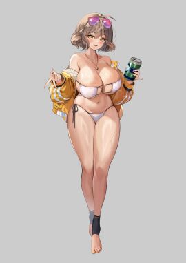 absurdres anis_(nikke) anis_(sparkling_summer)_(nikke) bikini breasts can eyepatch_bikini eyewear_on_head feet female goddess_of_victory:_nikke grey_background hido_(cherryhido) highres holding holding_can huge_breasts jacket jewelry light_brown_hair looking_at_viewer navel necklace short_hair side-tie_bikini_bottom simple_background solo standing stirrup_legwear sunglasses swimsuit thick_thighs thighs white_bikini wholesome yellow_eyes yellow_jacket