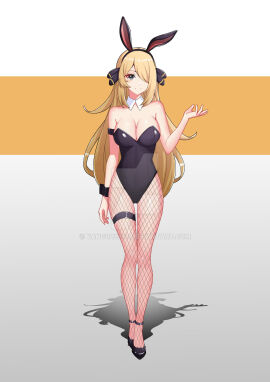 bare_shoulders black_bracelet black_hair_ornament black_heels black_leotard black_thigh_strap blonde_hair bracelet breasts bunny_costume bunny_ears bunny_girl bunnysuit cleavage cynthia_(pokemon) female fishnet fishnet_stockings fishnets hair_ornament heels high_heels leotard long_hair overboob pokemon pokemon_dppt silver_eyes thick_thighs thigh_strap