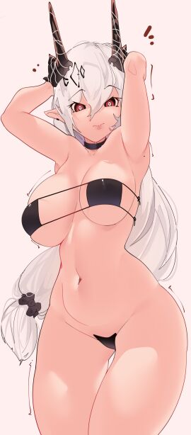 1girls 2025 2025s 2d 2d_(artwork) 2d_artwork absurd_res arknights art big_breasts bikini black_bikini black_clothing black_horn black_swimwear breasts choker clothing digital_art digital_media digital_media_(artwork) ear_piercing female front_view hair hands_behind_head heart_eyes heart_symbol hi_res horn horned_humanoid humanoid humanoid_pointy_ears hypergryph jewelry jpg long_hair looking_at_viewer maebari mudrock_(arknights) navel navel_piercing naxius_noxy necklace piercing pink_background png pointy_ears red_eyes simple_background solo studio_montagne swimwear tagme tan_body tan_skin thick_thighs two-piece_swimsuit white_background white_hair wide_hips