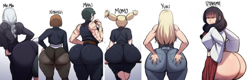 6girls ass ass_chart ass_comparison ass_parade big_ass blackwhiplash chart edit female female_only huge_ass jujutsu_kaisen kugisaki_nobara maki_zenin mei_mei_(jujutsu_kaisen) multiple_females multiple_girls nishimiya_momo pantylines text utahime_iori yuki_tsukumo zenin_maki