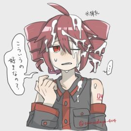 clothed cum cum_drip cum_in_hair cumshot facial female japanese_text kasane_teto owaridayo_404 red_eyes red_hair vocaloid watermark