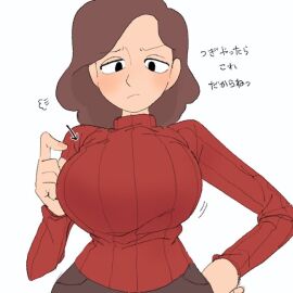 1girls big_breasts breasts eye_contact female hilda_(series) huge_boobs huge_breasts johanna_(hilda) looking_at_viewer looking_down mature_female milf pointing_at_breasts serious sweater text