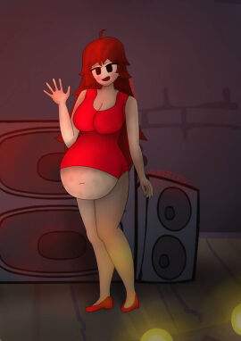 ass belly big_belly big_breasts black_eyes boombox breasts brown_hair dress female friday_night_funkin girlfriend_(friday_night_funkin) high_heels huge_ass huge_belly huge_breasts huge_thighs light_skin smile stage underfertv vore vore_belly