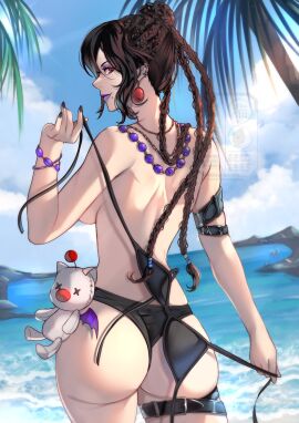 1girls arm_belt ass back beach belt beneceadraws bikini black_bikini black_hair black_nails bracelet braid breasts character_doll commentary doll earrings english_commentary eyeshadow female final_fantasy final_fantasy_x hair_bun highres holding holding_swimsuit holding_unworn_clothes jewelry lulu_(final_fantasy) makeup mole mole_under_mouth moogle multiple_braids multiple_earrings multiple_necklaces necklace pale_skin palm_tree panties purple_eyeshadow purple_lips seductive_smile sideboob single_hair_bun smile solo swimsuit thigh_belt thigh_strap tree underwear unworn_bikini_top unworn_swimsuit