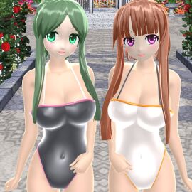 2024 2girls 3d black_swimsuit breasts brown_hair duo_female female garden green_eyes green_hair hati_yukkuri_mmd hidden_star_in_four_seasons human light-skinned_female light_skin looking_at_viewer mmd nishida_satono pink_eyes smiling_at_viewer swimsuit swimwear teireida_mai touhou white_swimsuit