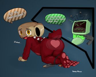 all_fours animate_inanimate anus butt_flap clothing dandy's_world dino_snore_shelly dinosaur female for_a_head fossil hi_res humanoid looking_at_viewer mouse_kenny nervous_smile object_head onesie pajamas prehistoric_species reptile scalie shelly_(dandy's_world) solo speech_bubble tripping vee_(dandy's_world)