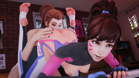 2girls 3d anilingus ass ass_up barefoot brigitte brigitte_(overwatch_2_suit) brown_hair d.va d.va_(overwatch_2_suit) face_down_ass_up feet female female/female female_focus female_only foot_focus legs_held_open legs_up lesbian_sex licking licking_ass metjid overwatch overwatch_2 pleasure_face pleasured rimjob rimming soles stirrup_legwear toeless_legwear toes yuri