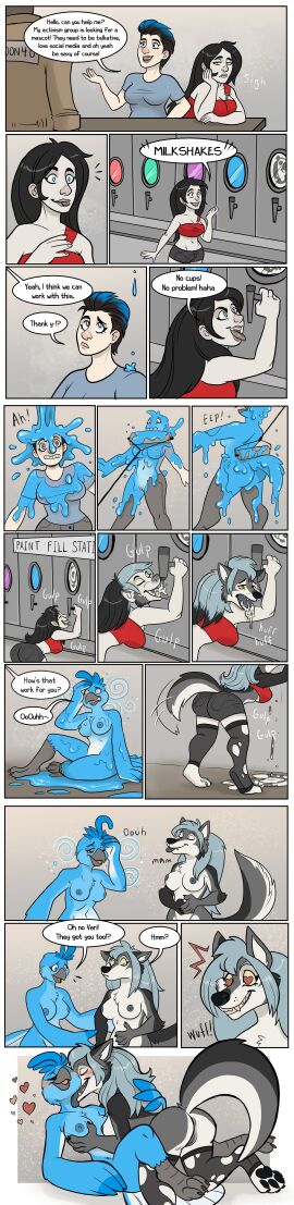 absurd_res anthro avian beverage bird black_bottomwear black_clothing black_hair black_nipples black_pants blue_body blue_fur blue_hair blue_nipples blue_wings bottomwear bubbeh clothing dizzy duo female female/female fur goo_transformation grey_bottomwear grey_clothing grey_hair grey_pants hair heart_eyes heart_symbol hi_res human human_to_anthro latex latex_clothing latex_skinsuit latex_transformation long_image mammal milkshake nipples pants parrot pussy red_clothing red_shirt red_topwear sex shirt skinsuit species_transformation tall_image teal_clothing teal_shirt teal_topwear tight_clothing topwear transformation transformation_through_food transformation_through_milk tribadism vaginal_penetration wings yellow_eyes