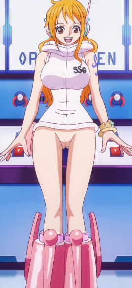 1girls arm_tattoo artist_request blue_tattoo bottomless clothing egghead egghead_outfit female female_only nami_(one_piece) nude_edit nude_filter one_piece one_piece:_egghead_arc orange-haired_female orange_hair pussy queen_of_(one_piece) queen_of_one_piece_(nami) smile tattoo