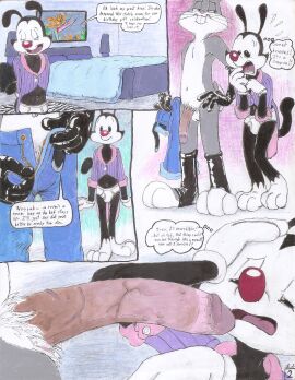 absurd_res aged_up animaniacs balls bed bedroom belt big_penis bird_of_paradise_(flower) blue_bottomwear blue_clothing blue_jeans blue_pants bottomwear briefs bugs_bunny bulge clothed clothing coat comic denim denim_bottomwear denim_clothing duo duvet erection erection_under_clothing femboy flower footwear furniture genitals gloves hand_on_head hand_on_hip handwear hi_res inkblot jeans lagomorph lamp latex latex_clothing latex_footwear latex_gloves latex_handwear latex_socks leporid limp_wrist looking_at_genitalia looking_at_penis looking_up_at_partner looney_tunes male mammal mixed_media navel pants partially_clothed penis plant pubes rabbit rufe_squirrel scared_by_cock shocked simple_background size_shaming socks speech_bubble tailcoat thought_bubble tiger_skin_rug topwear traditional_media_(artwork) underwear unzipping vein veiny_penis wall_art warner_brothers weak_knees worried yakko_warner zipper