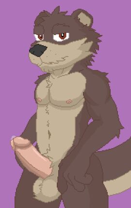 anthro balls benson_(password) brown_body digital_media_(artwork) facial_hair genitals humanoid looking_at_viewer male male_only mammal monotone_background moustache mustelid myuger nipples nude otter password_(visual_novel) penis pixel_(artwork) pixel_art presenting seductive slim solo tail