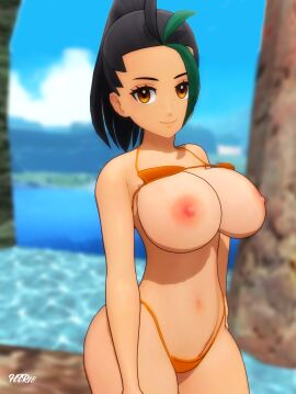 1girls 3d big_breasts bikini bikini_bottom bikini_top breasts female htr18 looking_at_viewer nemona_(pokemon) nintendo nipples pokemon pokemon_sv smile tagme
