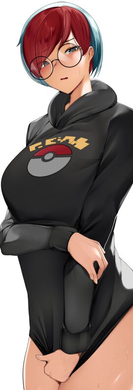 1girls big_breasts blue_hair blush blush_lines blushing_at_viewer blushing_female bottomless breasts busty covering_crotch female female_focus female_only glasses grey_eyes human jacket jacket_only looking_at_viewer nerd nerdy nerdy_female nervous nervous_face nervous_female nervous_sweat nervous_sweating penny_(pokemon) pokemon pokemon_sv red_hair shy shy_expression shy_face shy_female sweat sweatdrop sweating sweaty sweaty_body sweaty_thighs team_star thick_thighs thighs white_background yuuyuu_(yuuki1771)