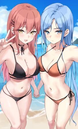 2girls absurd_res absurdres armpits bae_minah_(chaesu) bare_armpits bare_arms bare_back bare_belly bare_calves bare_chest bare_hands bare_hips bare_knees bare_legs bare_midriff bare_navel bare_shoulders bare_skin bare_thighs bare_torso beach belly belly_button bikini bikini_bottom bikini_only bikini_top black_bikini black_bikini_bottom black_bikini_top black_string_bikini black_swimsuit black_swimwear blue-eyed_female blue-haired_female blue_eyebrows blue_eyes blue_hair blue_sky blush blush_lines blushing_at_viewer blushing_female breast_press breasts calves chaesu cleavage clouds coast collarbone covered_nipples day daytime dock docking dot_nose elbows embarrassed_female exposed exposed_armpits exposed_arms exposed_belly exposed_legs exposed_midriff exposed_shoulders exposed_thighs exposed_torso extended_arm eyebrows_visible_through_hair female female_focus female_only fingernails fingers groin hair_between_eyes hairpin hand_holding high_resolution highres holding_hands hourglass_figure interlocked_fingers kaetzchen knees legs light-skinned_female light_skin liliya_(kaetzchen) lips long_hair looking_at_viewer medium_breasts minah mole mole_on_breast multiple_females multiple_girls navel nervous nervous_face nervous_female nude nude_female ocean open_mouth open_mouth_smile orange_bikini orange_bikini_bottom orange_bikini_top orange_string_bikini orange_swimsuit orange_swimwear original original_art original_artwork original_character outdoors outside parted_bangs parted_lips peace_sign pussy red-haired_female red_hair sand sea seaside shoulders shy sideboob sky slender_body slender_waist slim_female slim_waist smile smiling_at_viewer standing string_bikini swimsuit swimwear thick_thighs thigh_gap thighs thin_waist tongue upper_body v v-line wide_hips yellow-eyed_female yellow_eyes