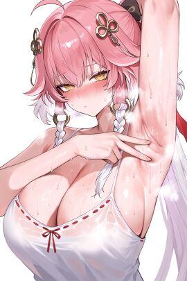 1girls breasts changli_(wuthering_waves) female huge_breasts long_hair looking_at_viewer orange_hair ponytail presenting_armpit sweating wuthering_waves yellow_eyes