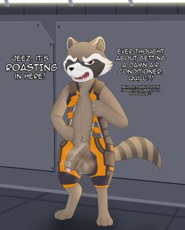 absurd_res airing_out angry anthro balls big_balls big_penis black_body black_fur bodily_fluids brown_body brown_eyes brown_fur chest_tuft clothing crotch_tuft english_text flaccid foreskin fur genitals guardians_of_the_galaxy hi_res humanoid_genitalia humanoid_penis inside jumpsuit kamek_sans looking_at_viewer male mammal markings marvel marvel_comics musk one_eye_closed open_mouth orange_clothing penis plantigrade procyonid raccoon rocket_raccoon solo spacecraft striped_markings striped_tail stripes sweat sweaty_balls sweaty_genitalia sweaty_penis tail tail_markings text tuft uncircumcised undressing vehicle vein white_body white_fur