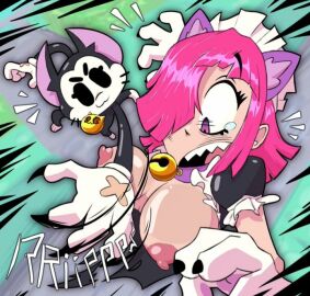 algob4v big_breasts bouncing_breasts brawl_stars breasts cat_ears claws colette_(brawl_stars) collar female kit_(brawl_stars) maid maid_uniform onomatopoeia pawpads paws pet_collar pink_hair pinku_pawlette ripping_clothes ripping_clothing shocked shocked_expression