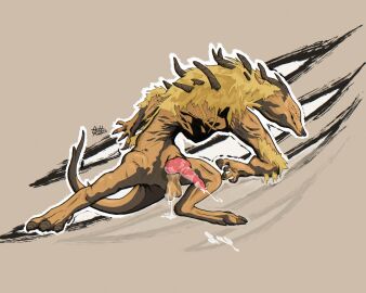 2025 absurd_res action_pose animal_genitalia arm_tuft balls bodily_fluids canine_genitalia claws cum cum_drip cumshot digital_media_(artwork) digitigrade dripping ejaculation elden_ring_nightreign erection executor_(nightreign) eyeless feral fromsoftware genital_fluids genitals grin hi_res horn hotdogmeat huge_filesize hunched_over knot male mane markings monster orange_body outline penis pose precum primordial_beast simple_background smile snout solo standing tail toony tuft white_outline