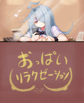 1girls 2b213 areolae bell big_breasts black_eyes blue_hair blush breasts breasts_bigger_than_head cleavage drink female gigantic_breasts grey_hair hair_over_one_eye hi_res highres huge_breasts large_breasts long_hair mei_(2b213) motion_lines nipples open_clothes open_shirt original original_character phone pov school_uniform sitting smile translated unaware white_shirt