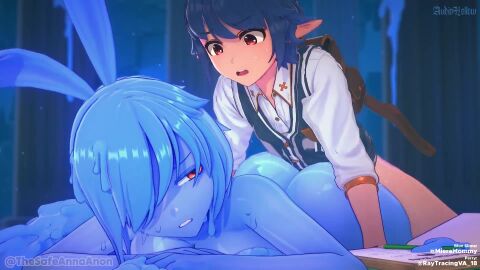1boy 1girls 3d 3d_animation anna_anon blue_hair blue_skin bored_expression bored_sex elf elf_male emotionless_female emotionless_sex fantasy hair_over_one_eye koikatsu liquid_hair male mieramommy prone_bone raytracingva size_difference slime_girl straight struggling sweatdrop sweating tagme unsatisfied video wiping_forehead wiping_sweat